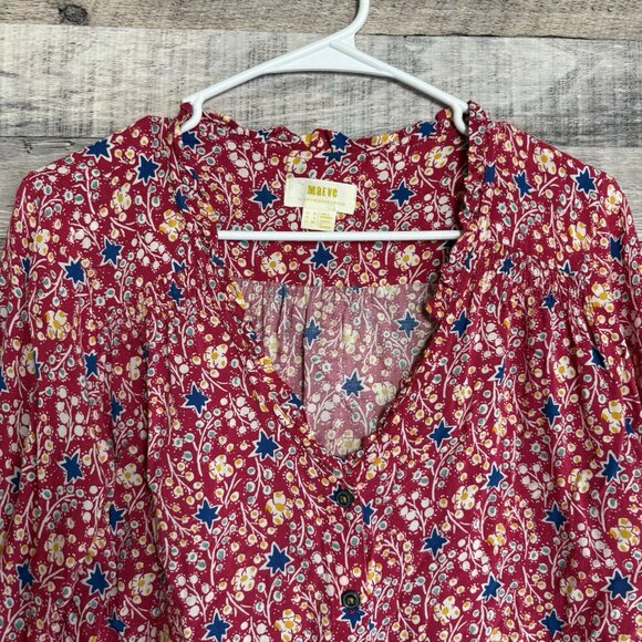 Anthropologie Maeve Red Blouse V-neck Boho Button-Up Red Floral Top 4 Feminine - Picture 3 of 10